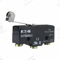 EATON Snap Action Switch: Roller Lever Actuator, SPDT, Screw Terminals (MPN E47BMS41). Key specifications — AC Contact Rating: 15 A @ 250 V; Electrical Connection: Screw Terminals; Series: E47; Brand: EATON.
