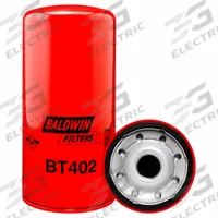 BALDWIN FILTERS Oil Filter: BT402, 1 1/8"-16 Thread Size, 9 1/8 in Overall Ht, 4 1/4 in Outside Dia. Key specifications — Baldwin Interchange: BT402; Brand: BALDWIN FILTERS; Compatible Vehicle Make: Onan; Includes: Integral Gasket; Media Material: Cellulose.