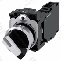 SIEMENS Selector Switch: 22 mm Panel Mounting Size, 2 Positions, Short Lever, 1NO/1NC, Metallic (MPN 3SU1150-2BF60-1FA0). Key specifications — AC Contact Rating: 10 A @ 600 V; Action: Maintained/Maintained; Cam: No Cam Included; DC Contact Rating: 1 A @ 600 V; Hazardous Location Specification: Not Rated; Operator Head Material: Plastic; Operator Head Type: Short-Handled Knob; Operator Illumination: Illuminated.