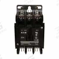 EATON Definite Purpose Magnetic Contactor: 3 Poles, 208-240V AC, 25 A, Non-Reversing (MPN C25DND325B). Key specifications — Brand: EATON; Coil Voltage: 208-240V AC; Contactor Style: HVACR Definite Purpose Contactor; Frame Size: D; Terminal Connection Type: Quick-Disconnect Terminals; Maximum Voltage Rating: 690V AC; Series: C25 Series; Phase: Three.