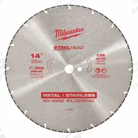 MILWAUKEE Diamond Saw Blade: Stainless Steel, 14 in Blade Dia., 1 in Arbor Size, Dry, Better (MPN 49-93-7840). Key specifications — attr1097734: Dry; attr1097738: Self Propelled Saw; attr1097751: MILWAUKEE.