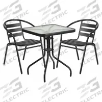 FLASH FURNITURE Square Patio Table Set: Clear, Metal Chair Back, 23 1/2 in Table Wd, Glass, 2 Chairs (MPN TLH-0731SQ-017CBK2-GG). Key specifications — Chair Seat Material: Metal; Includes Umbrella Hole: No; Table Frame Material: Metal; Brand: FLASH FURNITURE; Chair Back Material: Metal; Chair Finish: Powder Coated; Chair Frame Color: Black; Chair Frame Material: Metal.