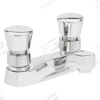 T&S BRASS Low Arc Bathroom Faucet: Centerset, Brass, Chrome Finish, 2.2 gpm Flow Rate - Centerset Push-Button Metering Bathroom Faucets