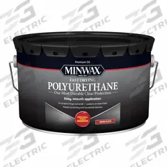 MINWAX Finish: Varnish, Interior, Oil, 2.5 gal Container Size, Wood, Gloss, Clear, Clear (MPN 71058000). Key specifications — Brand: MINWAX; Transparency: Clear; Use Location: Interior; Sheen: Gloss; Sub-Brand: Fast-Drying Polyurethane; Color: Clear; Resin Type: Polyurethane.