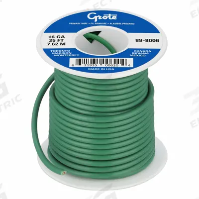 GROTE Primary Automotive Wire: GPT, 25 ft, 1 Conductor, 16 AWG, Green - PVC-Insulated General Purpose Primary Wires