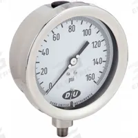 DURO Industrial Pressure Gauge: 0 psi to 160 psi, White, 4 1/2 in Dial, 1/4 in NPT Male, Bottom, 20 (MPN 4.2070613E7). Key specifications — Brand: DURO; Pointer Color: Black; Accuracy: ±0.5%; Dial Color: White; Gauge Wetted Parts: Stainless Steel; Case Material: Stainless Steel; Vibration Resistance Properties: None; Pressure Range: 0 psi to 160 psi.