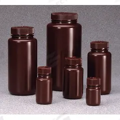 NALGENE Storage Bottle: HDPE, 250 mL, 8 fl oz, Closure Included, Amber, 43 mm, Polypropylene (MPN DS2185-0008). Key specifications — Brand: NALGENE; Graduated: No; Body Color: Amber.