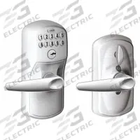 SCHLAGE RESIDENTIAL Electronic Keyless Lock: Keypad, Chrome (MPN FE595 PLY626JAZ). Key specifications — Product Type: Electronic Keyless Lock; Manufacturer Part Number: FE595 PLY626JAZ; Access Method: Keypad; Key Override Options: Schlage C Keyway.