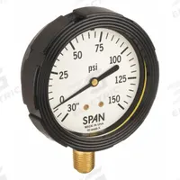 SPAN Compound Gauge with Internal Seal: 0 psi to 150 psi, LFS-210, 2 1/2 in Dial, Buna-N, Brass, 4 (MPN LFS-210-30Hg/150PSI-G-KEMX). Key specifications — Brand: SPAN; Gauge Case Liquid: Glycerin; Seal Fill Liquid: Instrument Oil; Seal Lower Housing Material: Brass; Accuracy: ±1.00%; Gauge Wetted Parts: Brass / Copper.