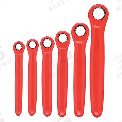 WIHA Box End Wrench Set: Alloy Steel, Chrome, 6 Tools - SAE, Single End, 12-Point, Ratcheting Box End Wrench Sets