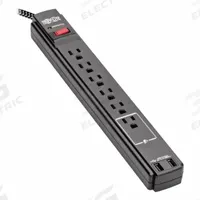 TRIPP LITE Outlet Strip: 6 Outlets, 10 ft Cord Lg, 990 J Rated Energy, 15 A Current, UL 1363/UL 1449 (MPN TLP610BUAM). Key specifications — Brand: TRIPP LITE; Mounting Style: Desktop.