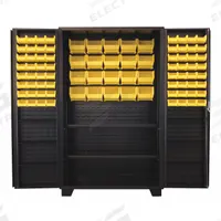 JAMCO Bin Cabinet: 48 in x 24 in 78 in, 8 Shelves, 84 Bins, Yellow, Deep Box, 14 ga Panel, Black (MPN DU248BL). Key specifications — Bin Color: Yellow; Bin HxWxD: (64) 3 in x 4-1/8 in x 7-1/2 in; Assembled: Assembled; Cabinet Style: Shelf and Bin; Brand: JAMCO; Cabinet Color: Black; Cabinet Finish: Powder Coated; Cabinet Material: Steel.