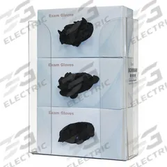BOWMAN DISPENSERS Glove Dispenser: PETG, 10 1/2 in Overall Wd, 14 1/4 in Overall Ht, 4 in Overall Dp (MPN GP-330). Key specifications — Dispenser Layout: (3) Boxes; Fill Direction: Top Load; Material: PETG; Brand: BOWMAN DISPENSERS; Color: Clear.