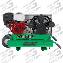 SPEEDAIRE Portable Gas Air Compressor: 1 Stage, 9 hp Engine, Honda, 18.1 cfm @ 90 psi, Wheelbarrow (MPN ETA9090980.ES). Key specifications — attr50858: Honda; attr50864: Electric; attr50844: SPEEDAIRE.