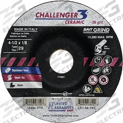 UNITED ABRASIVES-SAIT Abrasive Grinding Wheel: Type 29, 4 1/2" x 1/8" x 7/8", Ceramic, 36 Grit - Cool-Cutting Grinding Wheels for Carbon & Stainless Steel