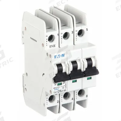EATON Miniature Circuit Breaker: 15 A Amps, 48/96V DC, 14kA at 277/480V AC, Screw Clamp - C-Curve, 3-Pole UL489 DIN Rail-Mount Miniature Circuit Breakers