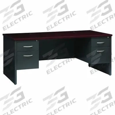 HIRSH Office Desk: Particle Board, Charcoal/Mahogany, 2 Pedestals, 4 Drawers - Pedestal Desks