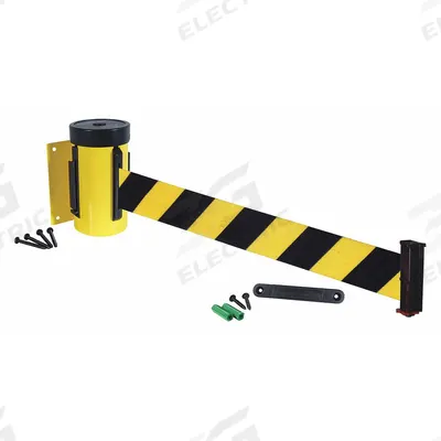 RETRACTA-BELT Wall Mounted Retractable Belt Barrier: Fixed Mounting Plate, 10 ft Belt Lg - Wall-Mount Retractable Belt Barriers