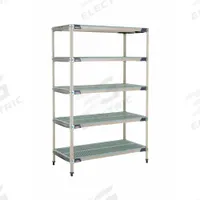 METRO Plastic Industrial Shelving: 24 in x 48 in, 74 in Overall Ht, 5 Shelves, Antimicrobial (MPN 5X557GX3). Key specifications — Resistance Properties: Antimicrobial; Frame Material: 304 Stainless Steel; Shelving Material: Polymer; Brand: METRO.