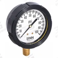 SPAN Pressure Gauge with Internal Seal: 0 psi to 100 psi, LFS-210, 2 1/2 in Dial, Buna-N, Brass, 4 (MPN LFS-210-100-G-KEMX). Key specifications — Brand: SPAN; Gauge Case Liquid: Glycerin; Seal Fill Liquid: Instrument Oil; Seal Lower Housing Material: Brass; Accuracy: ±1.00%; Gauge Wetted Parts: Brass / Copper.