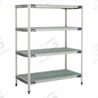 METRO Plastic Industrial Shelving: 18 in x 24 in, 74 in Overall Ht, 5 Shelves, Antimicrobial (MPN 5X317GX3). Key specifications — Resistance Properties: Antimicrobial; Frame Material: 304 Stainless Steel; Shelving Material: 304 Stainless Steel; Brand: METRO.