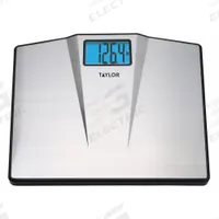 TAYLOR Bathroom Scale: Digital, kg/lb, 15 3/8 in Weighing Surface Wd, 12 7/8 in Weighing Surface Dp (MPN 74104102). Key specifications — Brand: TAYLOR; Weighing Units: kg; IP Rating: Not IP Rated; Indicator Attachment: Integrated; Includes: (3) AAA Batteries; Readability: 0.2 lb.