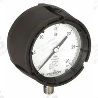 ASHCROFT Process Pressure Gauge: 0 psi to 30 psi, White, 4 1/2 in Dial, 1/2 in NPT Male, Bottom, PBT (MPN 451259SD04L30#). Key specifications — Brand: ASHCROFT; Pointer Color: Black; Accuracy: ±0.5%; Dial Color: White; Gauge Wetted Parts: Stainless Steel; Case Material: PBT; Vibration Resistance Properties: None; Pressure Range: 0 psi to 30 psi.