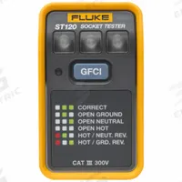 FLUKE Socket Tester: 110 V AC to 125 V AC, 5-15P, GFCI/Std, CAT III 300V, Light, No Display (MPN ST120). Key specifications — Brand: FLUKE; CAT Safety Rating: CAT III 300V.