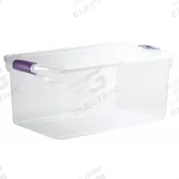 HOMZ Storage Tote: 16 gal, 28 3/4 in x 16 in x 10 5/8 in, Clear Body, Clear Lid, Not NSF Certified (MPN 3441GRPRCL.06). Key specifications — attr1188666: Plastic; attr1188671: Rounded; attr1188675: Clear; attr1188676: Clear; attr1188687: HOMZ; attr1188688: Not NSF Certified; attr1188689: Nesting Capable.