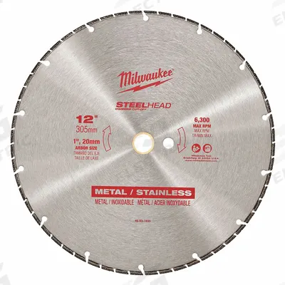 MILWAUKEE Diamond Saw Blade: Stainless Steel, 12 in Blade Dia., 1 in Arbor Size, Dry - Metal-Cutting Blades
