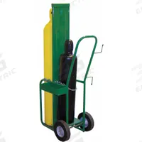SAFTCART Cylinder Hand Truck: 400 lb, Back to Back, 2 Cylinder, 20 in W x 20 in D Nose Plate (MPN 600-10FW). Key specifications — Brand: SAFTCART; Color: Green; Securing Mechanism: Chain.