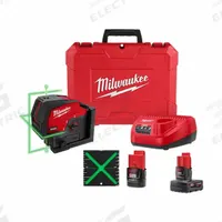 MILWAUKEE Laser Kit with Battery: 2 Lines and 2 Dots, Green Beam, 0 Planes, Horizontal/Vertical (MPN 3622-21, 48-11-2440). Key specifications — attr935979: M12; attr934757: MILWAUKEE; attr936112: +/- 1/8 in @ 33 ft; attr936114: Electronic Self-Leveling; attr935981: Case.