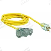 APPROVED VENDOR Extension Cord: Outdoor Use, 10 ft Lg, 3 Outlets, 5-15P, 14/3, SJTOW, Yellow (MPN 4GAC7). Key specifications — Brand: APPROVED VENDOR; Temperature Rating: -58° to 194°F; NEMA Plug Configuration: 5-15P.