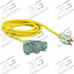 APPROVED VENDOR Extension Cord: Outdoor Use, 10 ft Lg, 3 Outlets, 5-15P, 14/3, SJTOW, Yellow (MPN 4GAC7). Key specifications — Brand: APPROVED VENDOR; Temperature Rating: -58° to 194°F; NEMA Plug Configuration: 5-15P.
