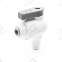 PARKER Manual Two-Way Ball Valve: 1/8 in, Polypropylene, Angle, Push x MNPT, One-Piece, Lever (MPN LFPP4VME2). Key specifications — Brand: PARKER; Handle: Lever.