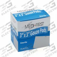 MEDIQUE Gauze Pad: 3 in Dressing Lg, 3 in Dressing Wd, Cotton, Sterile, Fastener Not Included, 25 PK (MPN 61273). Key specifications — Water Resistance: Not Water Resistant; Unitized: Unitized; Manufacturer Part Number: 61273; Package Type: Box; Product Type: Gauze Pad; Sterility: Sterile; Brand: MEDIQUE; Fastener Included: Fastener Not Included.
