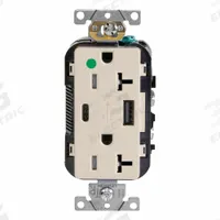 USB Receptacle: Duplex, 5-20R, 1 USB Ports, USB Type A/C, Light Almond, 125V AC, 20 A (MPN T5833-HGT). Key specifications — Brand: LEVITON.