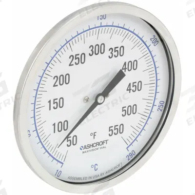 ASHCROFT Dial Thermometer: 50°F to 550°F /10°C to 290°C, ±1% Accuracy, 6 in Stem Lg - Back-Mount Fixed-Angle Thread-Mount Dial Thermometers