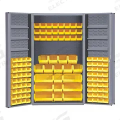 DURHAM MFG Bin Cabinet: 48 in x 24 in 72 in, 6 Shelves, 114 Bins, Yellow, Deep Box, 14 ga Panel (MPN DC48-114-6DS-95). Key specifications — Bin Color: Yellow; Bin HxWxD: (72) 4 in x 7 in x 3 in; Assembled: Assembled; Cabinet Style: Shelf and Bin; Brand: DURHAM MFG; Cabinet Color: Gray; Cabinet Finish: Powder Coated; Cabinet Material: Steel.