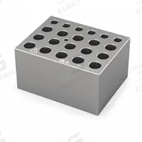 IKA Dry Block: Anodized Aluminum, 3 3/4 in Overall Wd, 3 in Overall Lg, 21 Wells, 0.5 mL/1.5 mL/2 mL (MPN 4468500). Key specifications — Product Type: Dry Block Heater; Includes Thermometer Well: Yes; Material: Anodized Aluminum; Volume Capacity: 1.5 mL; Brand: IKA.