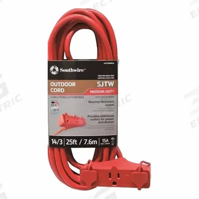 SOUTHWIRE Extension Cord: Outdoor Use, 25 ft Lg, 3 Outlets, 5-15P, 14/3, SJTW, Red - Outdoor Extension Cords with Multiple Outlets
