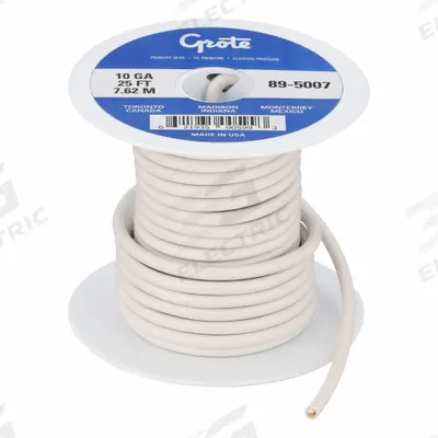 GROTE Primary Automotive Wire: GPT, 25 ft, 1 Conductor, 10 AWG, White - PVC-Insulated General Purpose Primary Wires