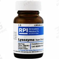 RPI Lysozyme from Chicken Egg White: 1 g Volume, Powder, Glass (MPN L38100-1.0). Key specifications — Form: Powder; Brand: RPI; Chemical Grade: Lab; Container Material: Glass.