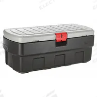 RUBBERMAID Attached Lid Tote: 48 gal, 44 1/4 in x 20 5/8 in x 17 1/4 in, Black Body, Gray Lid (MPN 1949210). Key specifications — Material: Plastic; Brand: RUBBERMAID.