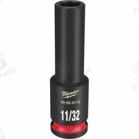 MILWAUKEE Deep Impact Socket: 3/8 in Drive Size, SAE, 11/32 in Socket Size, 6-Point, Deep, Friction (MPN 49-66-6118). Key specifications — attr1215501: MILWAUKEE; attr1215515: Black Phosphate; attr1215518: 11/32 in.