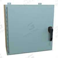 HAMMOND Enclosure: Steel, 24 in x 24 in x 12 in, NEMA 12/13/3R/4, Solid Cover, Hinged (MPN HW242412GYHK). Key specifications — Closure Method: Handle; Brand: HAMMOND; Knockouts: Not Included.