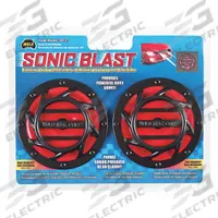 WOLO Electric Horn: 12V DC, High Tone/Low Tone, Electric, Red/Black, Painted, Disc Horn, 2 Horns (MPN 308-2T). Key specifications — Type: Low Tone; Brand: WOLO; Compatible Vehicle Type: Passenger Vehicles; Finish: Painted; Includes: 10 ft of 1/4 in Nylon High-Pressure Hose; Color: Red/Black.