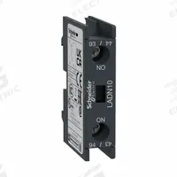 SCHNEIDER Auxiliary Contact Block: 1NO, 10 A Max Current (AC), Front Mount, Front-Mounted (MPN LADN10). Key specifications — Brand: SCHNEIDER; Compatible with Series: TeSys Deca.