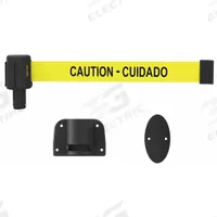 BANNER STAKES Retractable Belt Barrier: Anchors/Screws, 15 ft Belt Lg, Bilingual Messaging, Yellow (MPN PL4107). Key specifications — Message Color: Black; Frame Color: Black; Brand: BANNER STAKES; Belt Color: Yellow.