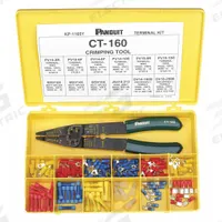 PANDUIT Wire Terminal Kit: 147 Pieces, 22 AWG – 10 AWG Wire Sizes, Crimping Tool (MPN KP-1165Y). Key specifications — Manufacturer Part Number: KP-1165Y; Brand: PANDUIT; Includes: (5) JN418-212 Nylon Wire Joints; Tool Included: Crimping Tool.